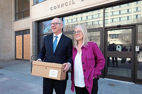 Ruth Bonneville  Free Press


LOCAL - Gillingham

Scott Gillingham and his wife Marla are all smiles after Gillingham walks out with a box of documents after  officially registering for Mayoral Election at City Hall Today

Scott Gillingham will officially register today as a candidate for Mayor of Winnipeg in the 2026 municipal election.

May 1st, 2026
