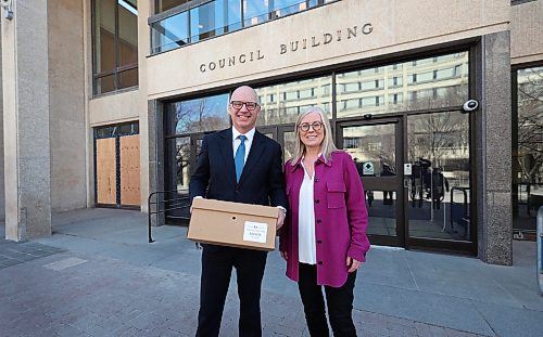 Ruth Bonneville Free Press
LOCAL - Gillingham
Scott Gillingham and his wife Marla are all smiles after Gillingham walks out with a box of documents after officially registering for Mayoral Election at City Hall Today
Scott Gillingham will officially register today as a candidate for Mayor of Winnipeg in the 2026 municipal election.
May 1st, 2026