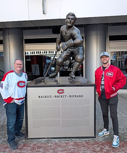 TAYLOR ALLEN / FREE PRESS
Taylor Allen (right) and his father John pose for a photo with the Maurice ‘Rocket’ Richard statue outside the Bell Centre.