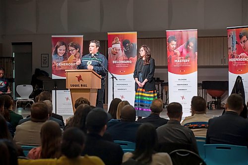 BROOK JONES/FREE PRESS
Louis Riel School Division hosts a renaming ceremony of École Sage Creek Bonavista to École Mazina-Giizhik in honour of the late justice Murray Sinclair at École Mazina-Giizhik in Winnipeg, Man., Wednesday, May 6, 2026. Pictured: Niigaan Sinclair who is the son of Murray Sinclair speaks about his late father during the renaming ceremony. Also pictured is Niigaan's daugther Sarah Fontaine-Sinclair.