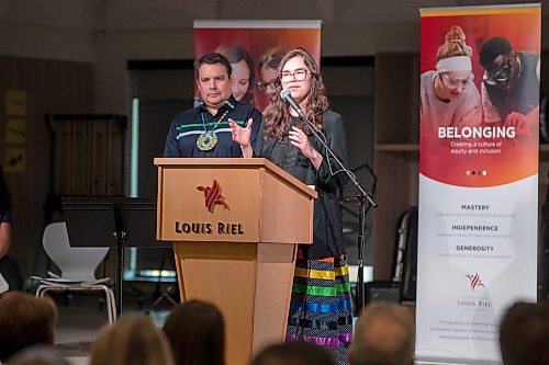 BROOK JONES/FREE PRESS
Louis Riel School Division hosts a renaming ceremony of École Sage Creek Bonavista to École Mazina-Giizhik in honour of the late justice Murray Sinclair at École Mazina-Giizhik in Winnipeg, Man., Wednesday, May 6, 2026. Pictured: Sarah Fontaine-Sinclair who is the granddaughter of the late Murray Sinclair speaks about her grandfather during the renaming ceremony. Also pictured is Niigaan Sinclair who is the son of the late Murray Sinclair.