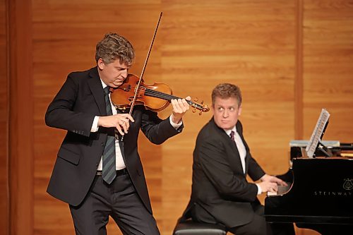 Internationally acclaimed violinist Brandonite James Ehnes and pianist Andrew Armstrong perform for a sold-out crowd at the Brandon University’s Lorne Watson Recital Hall on Thursday evening as part of the James Ehnes’ 50th Canada Birthday Tour. (Tim Smith/The Brandon Sun)