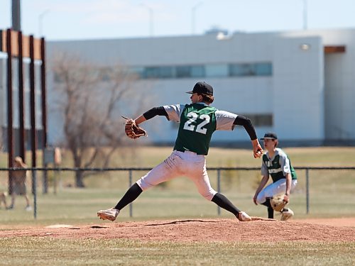 Spartans pitcher Jackson Burgess (22) slings out a ball during Prairie West High School Baseball League action against the Crocus Plainsmen at Don Sumner Field on Sunday afternoon. Neelin crushed Crocus 18-2. (Massimo De Luca-Taronno/The Brandon Sun)