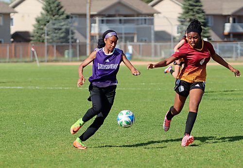 Massey's Iman Ahmed drives north during the Brandon High School Soccer League girls championship against the Crocus Plainsmen at Massey on Tuesday afternoon. The Vikings edged the Plainsmen 3-2 to capture their 10th straight title. (Massimo De Luca-Taronno/The Brandon Sun)