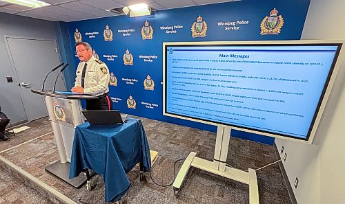 Winnipeg Police Chief Gene Bowers announces the release of the 2025 Statistical Report during a press conference at police HQ Wednesday morning. (Mike Deal / Free Press)