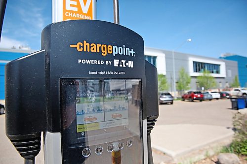 One of Brandon’s new charging stations that were recently installed at the A.R. McDiarmid Civic Complex for a fleet of four EV vehicles that are on order for the city. (Matt Goerzen/The Brandon Sun)