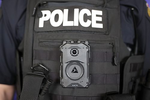 01062026
Constable Gary Sheane with the Brandon Police Service wears a body-worn video camera on his chest during a press event at BPS Headquarters on Victoria Avenue on Monday. BPS is beginning the implementation of the cameras for approximately 65 officers.
(Tim Smith/The Brandon Sun)