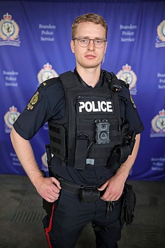 Const. Gary Sheane with the Brandon Police Service wears a body-worn video camera on his chest during a press event at BPS headquarters on Victoria Avenue on Monday. BPS is beginning the implementation of the cameras for about 65 officers. (Tim Smith/The Brandon Sun)