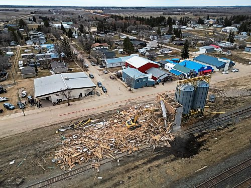 A drone shot following the toppling of the Austin grain elevator. Smith photographed the controlled demolition in April using a camera and his drone. (Tim Smith/The Brandon Sun)