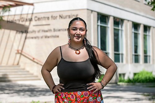 BROOK JONES/FREE PRESS
Kaydence Morgado Thomas who was raised in Winnipeg with family ties to Norway House Cree Nation graduated from the University of Manitoba's faculty of nursing through the Pathway to Indigenous Nursing Education Program on June 1. She will be working at the Health Sciences Centre starting July 15 while working casually at the Percy E. Moore Hospital which serves Peguis First Nation. The 22-year-old Cree graduate is pictured in front of the Helen Glass Centre for Nursing at the U of M's Fort Garry campus in Winnipeg, Man., Thursday, June 4, 2026.