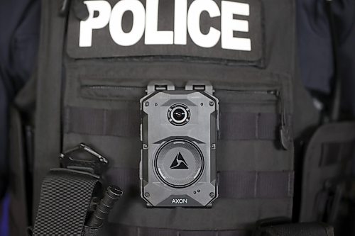 01062026
Constable Gary Sheane with the Brandon Police Service wears a body-worn video camera on his chest during a press event at BPS Headquarters on Victoria Avenue on Monday. BPS is beginning the implementation of the cameras for approximately 65 officers.
(Tim Smith/The Brandon Sun)