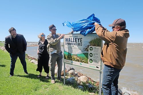 Brody Kitch from Manitoba Fisheries and Dean Brooker, manager of the Souris River Watershed District, unveil the walleye spawning bed at Oak Lake Beach in June. Municipal and Northern Relations Minister Glen Simard watches with Erin Dunbar, watershed planner with the provincial government. (Connor McDowell/The Brandon Sun)