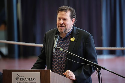 208042026
Glen Simard, MLA for Brandon East, speaks during the National Day of Mourning ceremony at City Hall on Tuesday to honour those killed or injured on the job. (Tim Smith/The Brandon Sun)