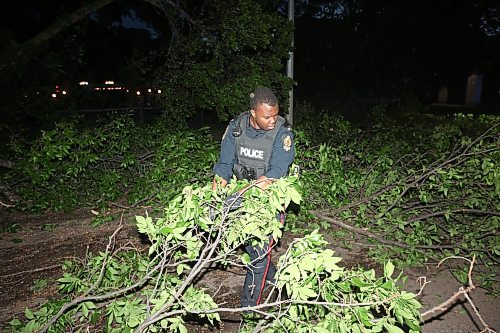 09062026
Brandon Police Service members work to remove tree branches from the southbound lanes of 18th Street just south of Rosser Avenue after a tree fell blocking the lanes during Tuesday evening’s storm. 
(Tim Smith/The Brandon Sun)