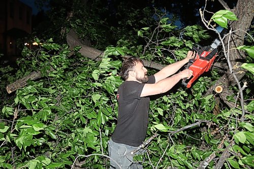 09062026
Brandonite Nick Duval uses a chainsaw to cut away branches on a tree that fell and blocked the southbound lanes of 18th Street just south of Rosser Avenue during Tuesday evening’s storm. Duval was driving by and pulled over and volunteered to help clear the street along with Brandon Police Service officers. 
(Tim Smith/The Brandon Sun)