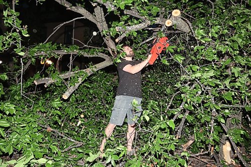 Brandonite Nick Duval uses a chainsaw to cut away branches on a tree that fell and blocked the southbound lanes of 18th Street just south of Rosser Avenue during Tuesday evening’s storm. Duval was driving by and pulled over and volunteered to help clear the street along with Brandon Police Service officers. (Tim Smith/The Brandon Sun)
