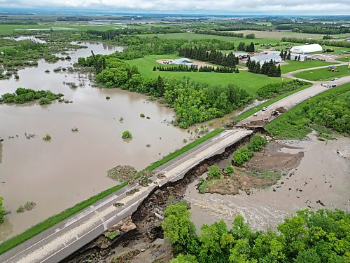 10062026
Damage to Highway 10 at Tamarack Creek just east of Swan River, Manitoba is visible on Wednesday after intense rainfall this week caused the river to swell and damaged the highway. The province cut a section of Highway 10 at the creek to relieve some of the pressure from the swollen creek.
(Tim Smith/The Brandon Sun)