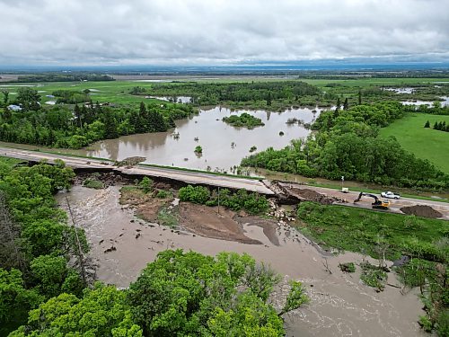10062026
Damage to Highway 10 at Tamarack Creek just east of Swan River, Manitoba is visible on Wednesday after intense rainfall this week caused the river to swell and damaged the highway. The province cut a section of Highway 10 at the creek to relieve some of the pressure from the swollen creek.
(Tim Smith/The Brandon Sun)
