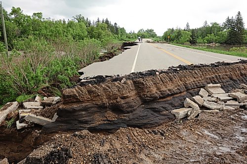 10062026
Damage to Highway 10 at Tamarack Creek just east of Swan River, Manitoba is visible on Wednesday after intense rainfall this week caused the river to swell and damaged the highway. The province cut a section of Highway 10 at the creek to relieve some of the pressure from the swollen creek.
(Tim Smith/The Brandon Sun)