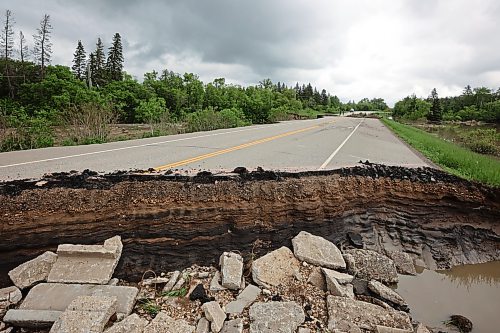 10062026
Damage to Highway 10 at Tamarack Creek just east of Swan River, Manitoba is visible on Wednesday after intense rainfall this week caused the river to swell and damaged the highway. The province cut a section of Highway 10 at the creek to relieve some of the pressure from the swollen creek.
(Tim Smith/The Brandon Sun)