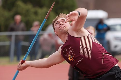19052026
Elbert Maritz with the Crocus Plainsmen competes in the varsity boys javelin event at the Brandon High School Track and Field city championships at UCT Stadium in Brandon on Tuesday.
(Tim Smith/The Brandon sun)