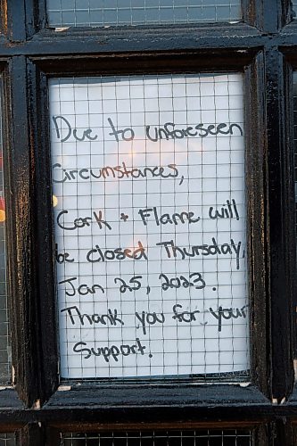 MIKE DEAL / WINNIPEG FREE PRESS
The Cork and Flame at 3106 Portage Avenue early Thursday morning where it has been reported that the owner of restaurant was killed outside the business Wednesday evening.
240125 - Thursday, January 25, 2024.