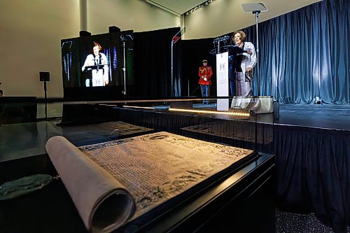 MIKE DEAL / FREE PRESS
Anita Neville, Lieutenant Governor of Manitoba speaks during the official HBC Royal Charter Welcoming Ceremony and Reception which was held at the Manitoba Museum Thursday morning.
260611 - Thursday, June 11, 2026.