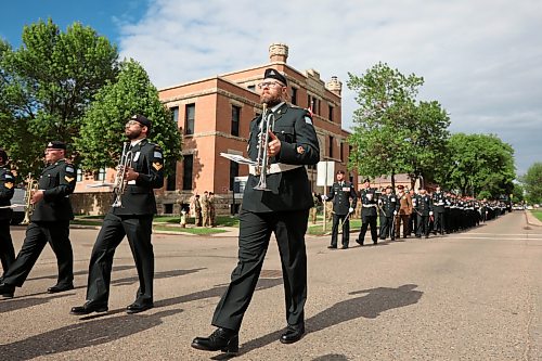 11062026
Soldiers with the Royal Canadian Artillery Band and the 1st Regiment, Royal Canadian Horse Artillery march along Victoria Avenue from Brandon University to Brandon City Hall during the Freedom of the City parade and ceremony on Thursday morning.
(Tim Smith/The Brandon Sun)