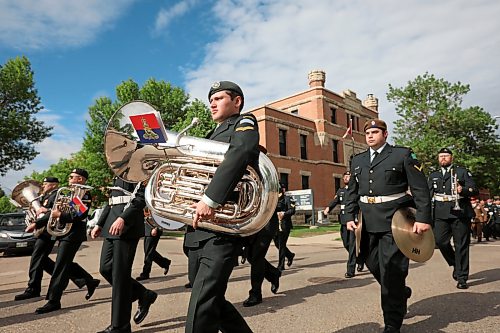 11062026
Soldiers with the Royal Canadian Artillery Band and the 1st Regiment, Royal Canadian Horse Artillery march along Victoria Avenue from Brandon University to Brandon City Hall during the Freedom of the City parade and ceremony on Thursday morning.
(Tim Smith/The Brandon Sun)