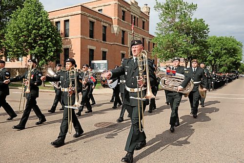 11062026
Soldiers with the Royal Canadian Artillery Band and the 1st Regiment, Royal Canadian Horse Artillery march along Victoria Avenue from Brandon University to Brandon City Hall during the Freedom of the City parade and ceremony on Thursday morning.
(Tim Smith/The Brandon Sun)