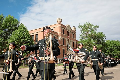 11062026
Soldiers with the Royal Canadian Artillery Band and the 1st Regiment, Royal Canadian Horse Artillery march along Victoria Avenue from Brandon University to Brandon City Hall during the Freedom of the City parade and ceremony on Thursday morning.
(Tim Smith/The Brandon Sun)