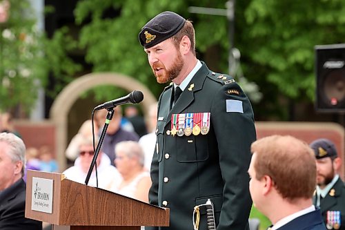 11062026
Lieutenant-colonel Jordan Beatty, Commanding Officer for 1st Regiment, Royal Canadian Horse Artillery, speaks during the Freedom of the City parade and ceremony at Brandon City Hall on Thursday morning.
(Tim Smith/The Brandon Sun)