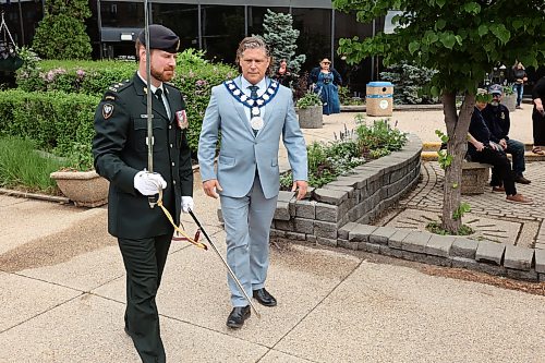11062026
Lieutenant-colonel Jordan Beatty, Commanding Officer for 1st Regiment, Royal Canadian Horse Artillery, escorts Brandon Mayor Jeff Fawcett during the Freedom of the City parade and ceremony on Thursday morning.
(Tim Smith/The Brandon Sun)