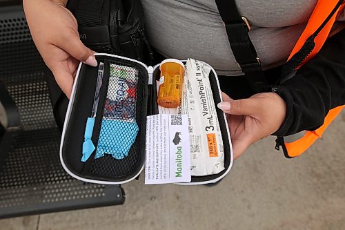 11062026
Brandon Bear Clan Supervisor Jade Gamblin shows one of the naloxone kits carried by Bear Clan members outside the Brandon Friendship Centre on Princess Avenue on Thursday morning.
(Tim Smith/The Brandon Sun)