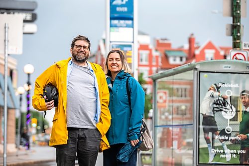 MIKAELA MACKENZIE / FREE PRESS
Musician John Samson Fellows and Laura Cameron from Climate Action at an Osborne Village bus stop on Monday, June 15, 2026. John Samson Fellows has released a new song calling on the provincial government to reinstate 50/50 funding for Winnipeg Transit, in support of a public transportation funding campaign led by Climate Action Team Manitoba and the Amalgamated Transit Union.
For Eva story.
Free Press 2026