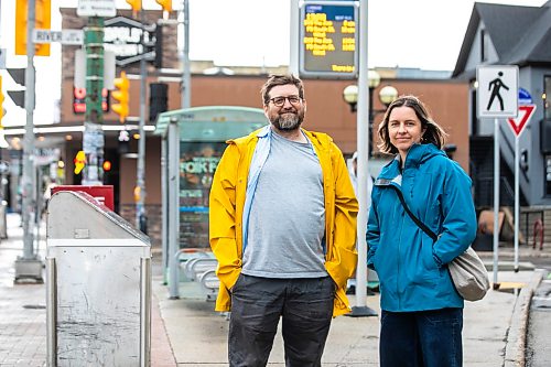 MIKAELA MACKENZIE / FREE PRESS
Musician John Samson Fellows and Laura Cameron from Climate Action at an Osborne Village bus stop on Monday, June 15, 2026. John Samson Fellows has released a new song calling on the provincial government to reinstate 50/50 funding for Winnipeg Transit, in support of a public transportation funding campaign led by Climate Action Team Manitoba and the Amalgamated Transit Union.
For Eva story.
Free Press 2026