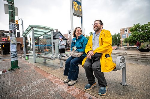 MIKAELA MACKENZIE / FREE PRESS
Musician John Samson Fellows and Laura Cameron from Climate Action at an Osborne Village bus stop on Monday, June 15, 2026. John Samson Fellows has released a new song calling on the provincial government to reinstate 50/50 funding for Winnipeg Transit, in support of a public transportation funding campaign led by Climate Action Team Manitoba and the Amalgamated Transit Union.
For Eva story.
Free Press 2026