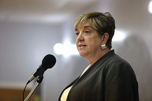 Transportation and Infrastructure Minister Lisa Naylor speaks to municipal leaders at the Legion Memorial Hall in Melita on Tuesday. Naylor gave an update on what infrastructure upgrades the province is making in the region before taking questions from local leaders. (Alex Lambert/The Brandon Sun)