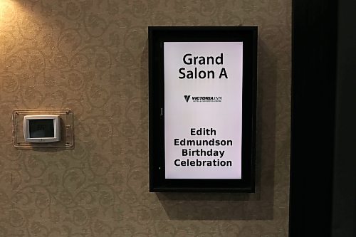 16062026
A sign at Edith Edmundson’s 105th birthday celebration at the Victoria Inn in Brandon, Manitoba on Tuesday. Edmundson turned 105 on June fourth and is celebrating her birthday four times. Festivities started last week in B.C. where Edmundson has been living with her daughter Rhonda Kremko for the last four years. Last Saturday friends and relatives raised a glass to her in Shoal Lake. Her fourth party will be this weekend in Winnipeg. (Tim Smith/The Brandon Sun)