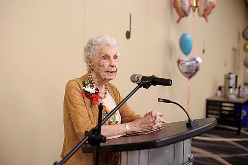 16062026
Edith Edmundson speaks during her 105th birthday celebration at the Victoria Inn in Brandon, Manitoba on Tuesday. Edmundson turned 105 on June fourth and is celebrating her birthday four times. Festivities started last week in B.C. where Edmundson has been living with her daughter Rhonda Kremko for the last four years. Last Saturday friends and relatives raised a glass to her in Shoal Lake. Her fourth party will be this weekend in Winnipeg. (Tim Smith/The Brandon Sun)