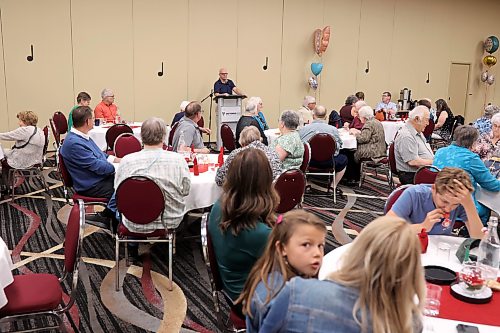 16062026
Derrick Edmundson speaks during the 105th birthday celebration for his mother Edith Edmundson at the Victoria Inn in Brandon, Manitoba on Tuesday. Edmundson turned 105 on June fourth and is celebrating her birthday four times. Festivities started last week in B.C. where Edmundson has been living with her daughter Rhonda Kremko for the last four years. Last Saturday friends and relatives raised a glass to her in Shoal Lake. Her fourth party will be this weekend in Winnipeg. (Tim Smith/The Brandon Sun)