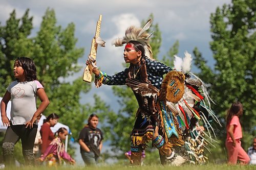 Waokiya McKay, 11, of Chan Kagha Otina Dakota Wayawa Tipi School dances during the school’s annual end-of-year powwow at Birdtail Sioux Dakota Nation on Wednesday. The event included a lunch and prizes in various powwow categories. See more photos on Page A3. (Tim Smith/The Brandon Sun)
