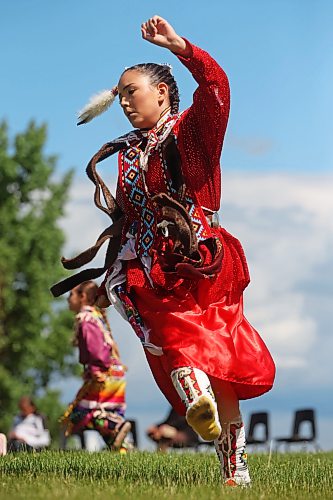 17062026
Willow Hall of Sioux Valley Dakota Nation dances during Chan Kagha Otina Dakota Wayawa Tipi School’s annual end-of-year Pow wow at Birdtail Sioux Dakota Nation on Wednesday. Hall’s mother works in the community. The event included a lunch and prizes in various pow wow categories. Chan Kagha Otina Dakota Wayawa Tipi School has approximately 210 students from nursery school up to adult education. School principal Delonna Pratt said the annual pow wow is “a celebration of the school year and coincides with the upcoming summer solstice.” She added “in Dakota Culture there is a lot of connection to the earth so we make sure to give our thanks to creator every day for what we have.” (Tim Smith/The Brandon Sun)