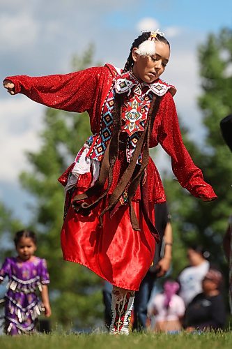 17062026
Willow Hall of Sioux Valley Dakota Nation dances during Chan Kagha Otina Dakota Wayawa Tipi School’s annual end-of-year Pow wow at Birdtail Sioux Dakota Nation on Wednesday. Hall’s mother works in the community. The event included a lunch and prizes in various pow wow categories. Chan Kagha Otina Dakota Wayawa Tipi School has approximately 210 students from nursery school up to adult education. School principal Delonna Pratt said the annual pow wow is “a celebration of the school year and coincides with the upcoming summer solstice.” She added “in Dakota Culture there is a lot of connection to the earth so we make sure to give our thanks to creator every day for what we have.” (Tim Smith/The Brandon Sun)