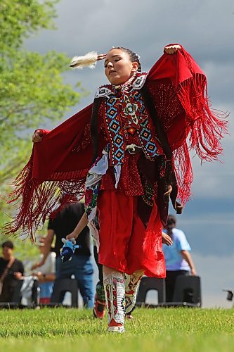 17062026
Willow Hall of Sioux Valley Dakota Nation dances during Chan Kagha Otina Dakota Wayawa Tipi School’s annual end-of-year Pow wow at Birdtail Sioux Dakota Nation on Wednesday. Hall’s mother works in the community. The event included a lunch and prizes in various pow wow categories. Chan Kagha Otina Dakota Wayawa Tipi School has approximately 210 students from nursery school up to adult education. School principal Delonna Pratt said the annual pow wow is “a celebration of the school year and coincides with the upcoming summer solstice.” She added “in Dakota Culture there is a lot of connection to the earth so we make sure to give our thanks to creator every day for what we have.” (Tim Smith/The Brandon Sun)