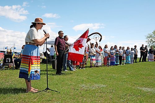 17062026
Tréchelle Bunn, Chief of Birdtail Sioux Dakota Nation, speaks during the opening of Chan Kagha Otina Dakota Wayawa Tipi School’s annual end-of-year Pow wow at Birdtail on Wednesday. The event included a lunch and prizes in various pow wow categories. Chan Kagha Otina Dakota Wayawa Tipi School has approximately 210 students from nursery school up to adult education. School principal Delonna Pratt said the annual pow wow is “a celebration of the school year and coincides with the upcoming summer solstice.” She added “in Dakota Culture there is a lot of connection to the earth so we make sure to give our thanks to creator every day for what we have.” (Tim Smith/The Brandon Sun)