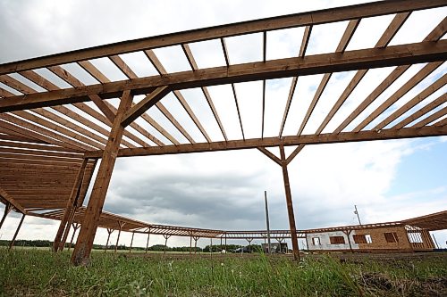 17062026
The under-construction Pow wow arbor at Birdtail Sioux Dakota Nation on Wednesday. The Dakota Nation will host their first community pow wow in years at the end of August at the site of the new arbor. (Tim Smith/The Brandon Sun)