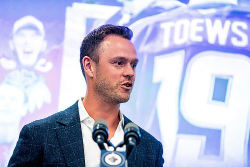 MIKAELA MACKENZIE / FREE PRESS
	
Jonathan Toews announces his retirement at the Jonathan Toews Sportsplex on Friday, June 19, 2026.

For sports story.
Free Press 2026