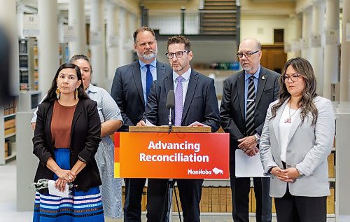 MIKE DEAL / FREE PRESS
Chief Judge Ryan Rolston, provincial court of Manitoba, announces that Judge Jerilee Ryle (left) has been appointed Manitoba’s first associate chief judge of reconciliation, during a press conference in the Grand Law Library at 408 York Ave, Friday morning.
Other vip’s in attendance were Mike Moroz, Minister of Innovation and New Technology, Melissa Brown, Justice Manager at MKO, and Crystal Brown, Director of Justice and Rights SCO.
Reporter: Dean Pritchard
260619 - Friday, June 19, 2026.