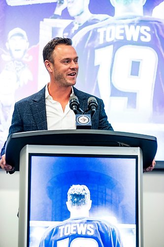 MIKAELA MACKENZIE / FREE PRESS
	
Jonathan Toews announces his retirement at the Jonathan Toews Sportsplex on Friday, June 19, 2026.

For sports story.
Free Press 2026